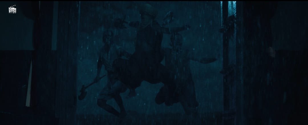 Dark rain action sequence