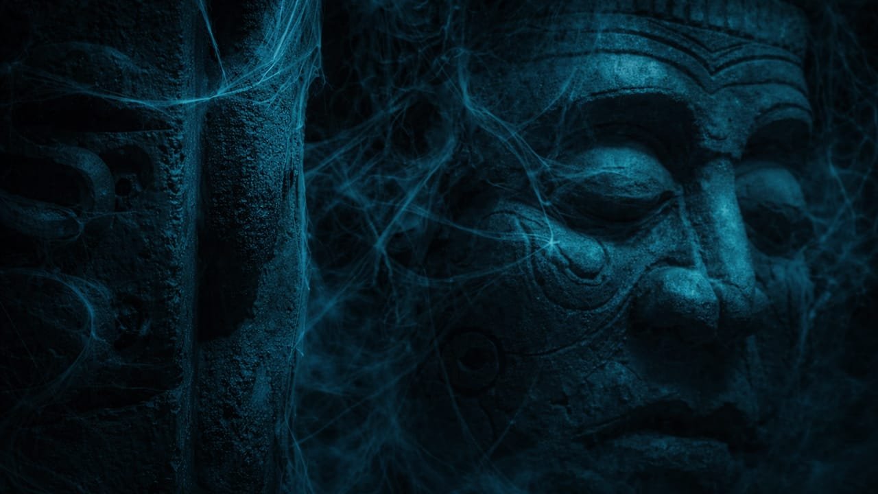 Ancient stone face covered in cobwebs